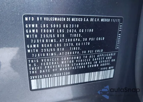 2018 Volkswagen Tiguan 2.0T Se/2.0T Sel из США, поврежденный, VIN 3VV2B7AX4JM081396